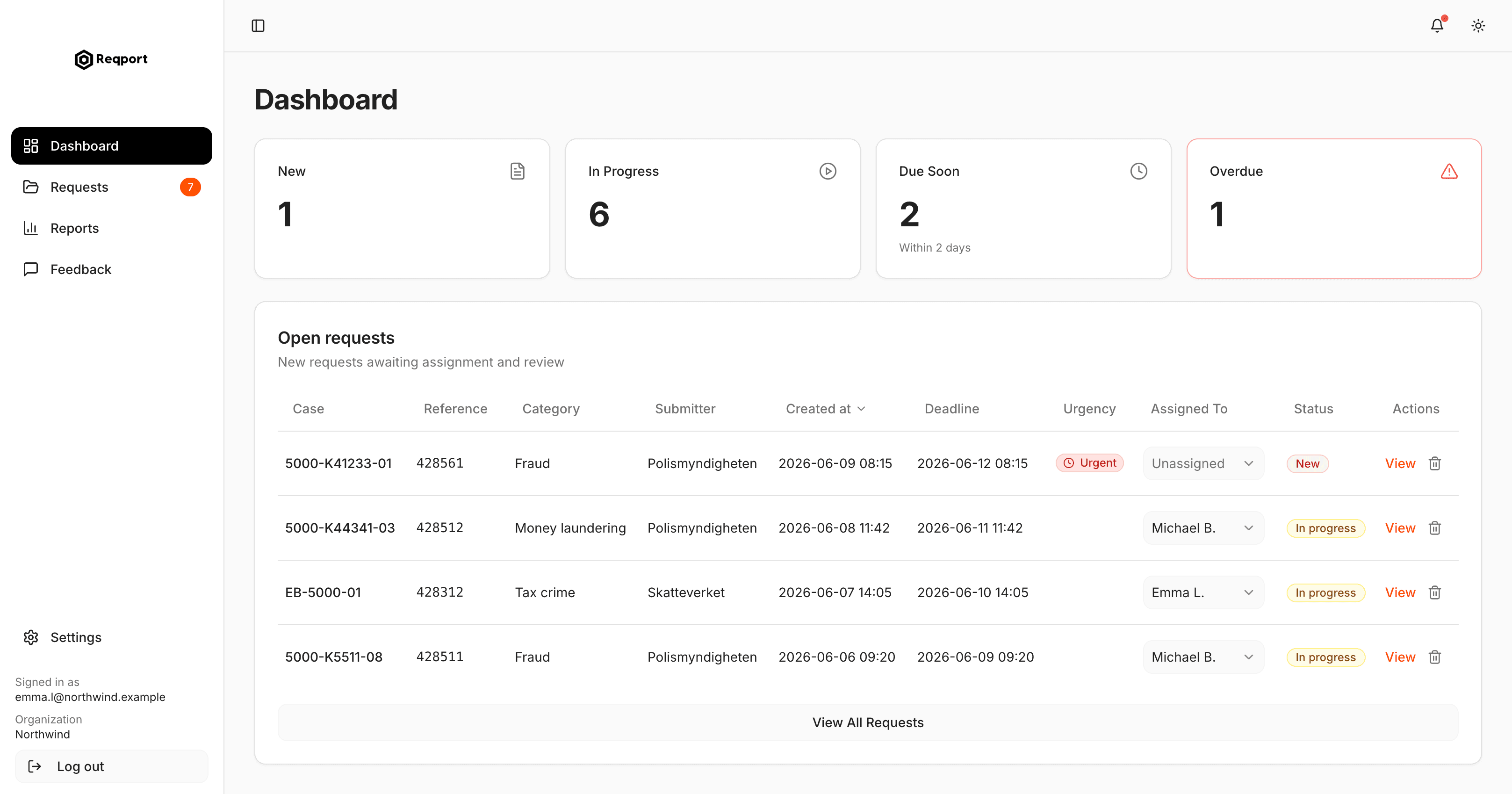 Reqport secure law enforcement request management dashboard showing centralized request tracking, deadline management, verification protocols, and audit trails for GDPR-compliant data handling
